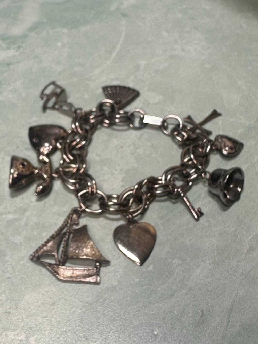 Vintage Silver Charm Bracelet Sailboat, Cross, Key, Heart, Phone